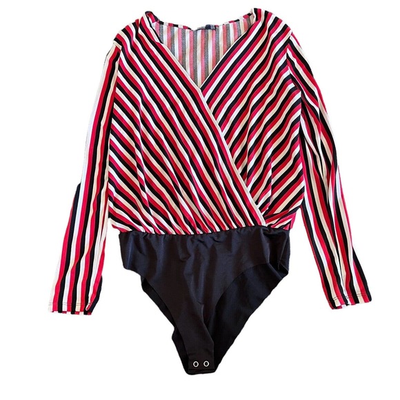 Bershka Striped Long Sleeve Surplice Neck Bodysuit Medium - Picture 1 of 7